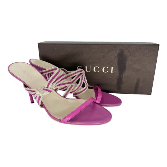GUCCI Mirabelle Knotted Stripe Mules EU 40 US 10 Fuchsia Pink High Heels Sandals - Picture 11 of 11